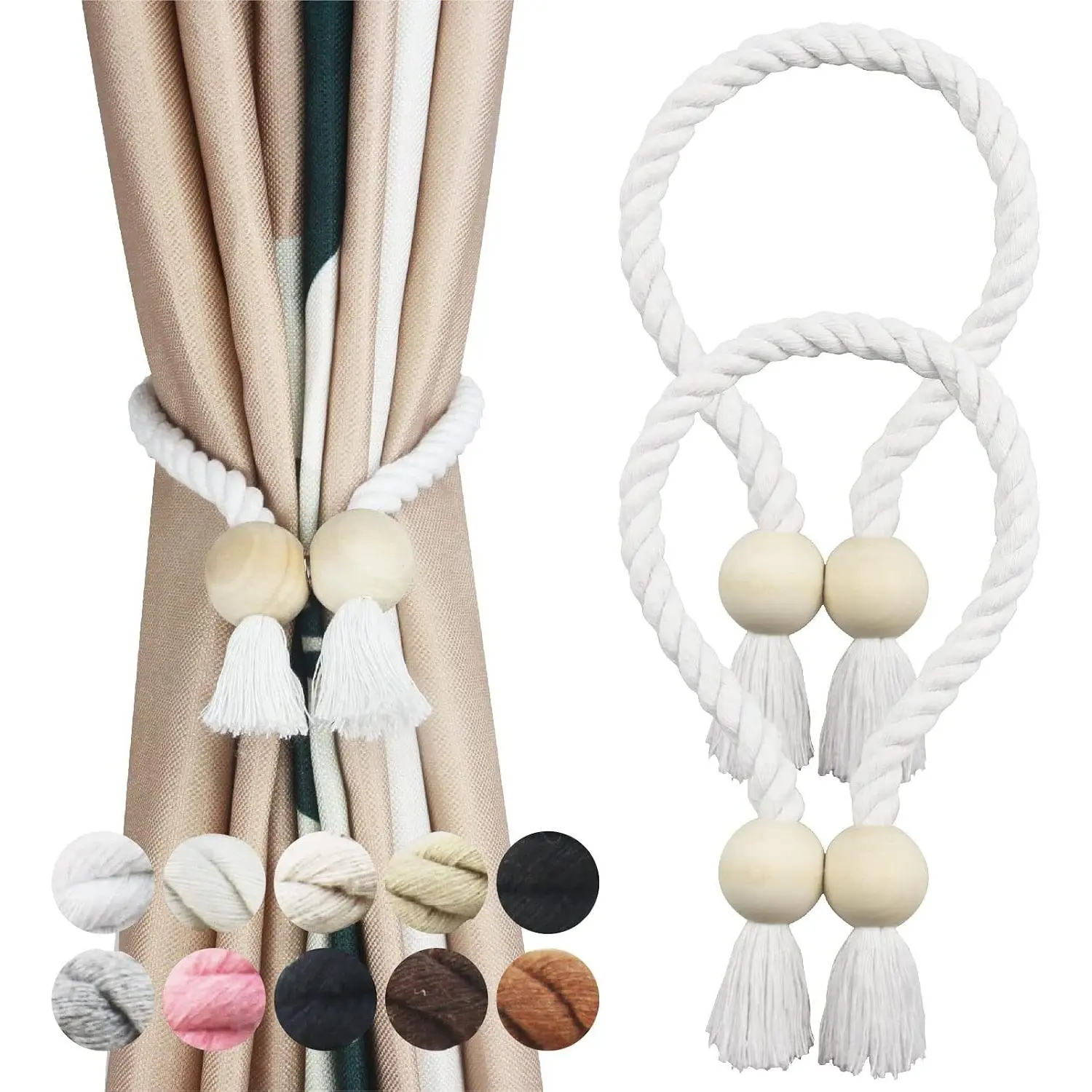 Curtain Tiebacks Holdback  Rope Tie Backs for Drapes  | 2 Pack White  Hand Woven Tieback with Wooden Buckle No Tools Required