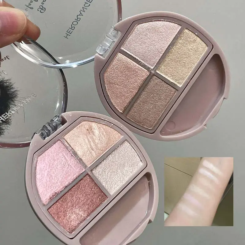 Travel-sized nude gold neutral Cosmetic Eyeshadow palette with matching brush set. Gentle neutral tones flatter mature skin, lightweight waterproof pigment for sheer natural brightening daily eye makeup.