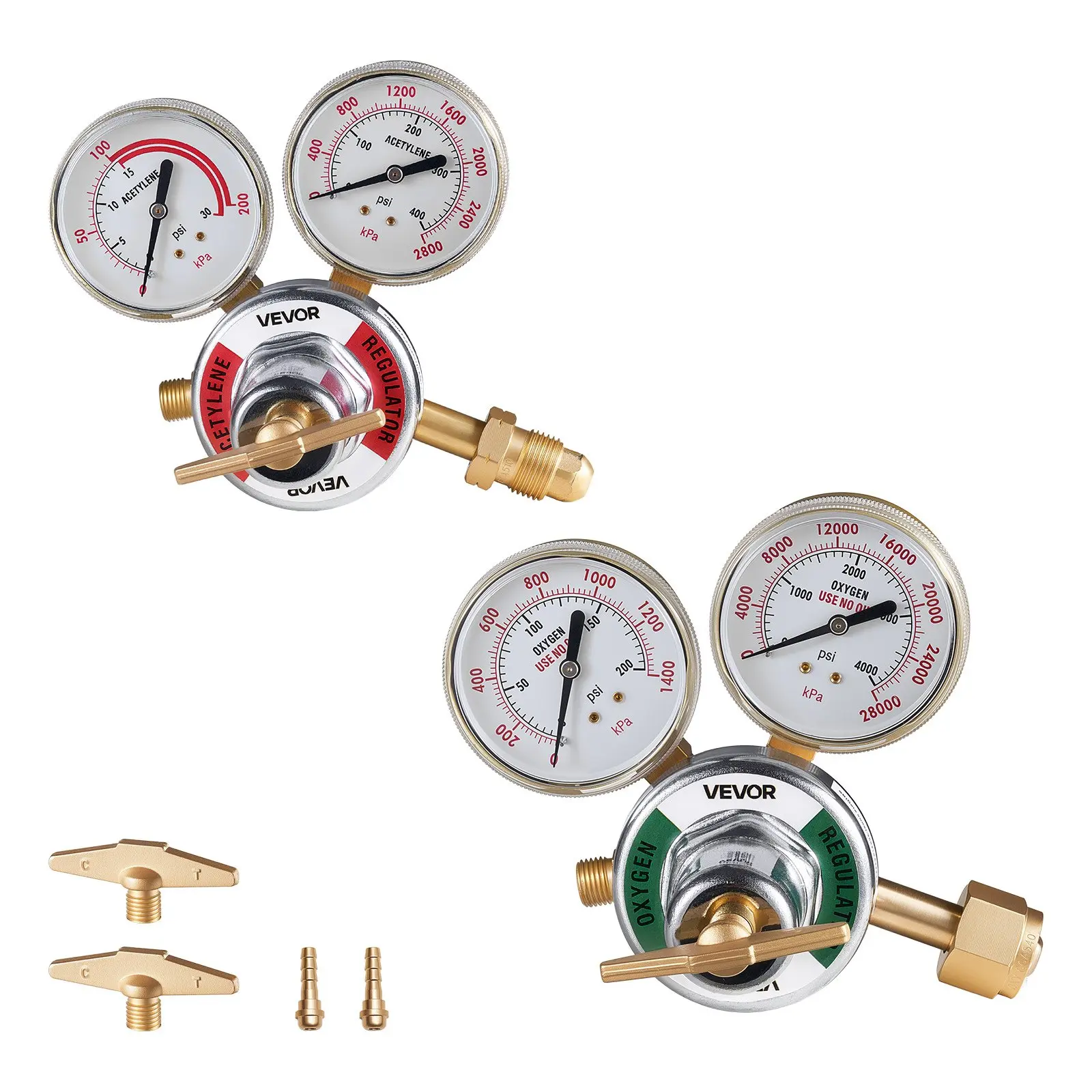 VEVOR Oxygen Acetylene Regulator Set, Oxy-Acetylene Regulators, 0-4000PSI and 0-400PSI Welding Gas Gauges with CGA-540/CGA-510 Inlet Connection & 9/16"-18 Outlet Connection, T-Handle Adjustment