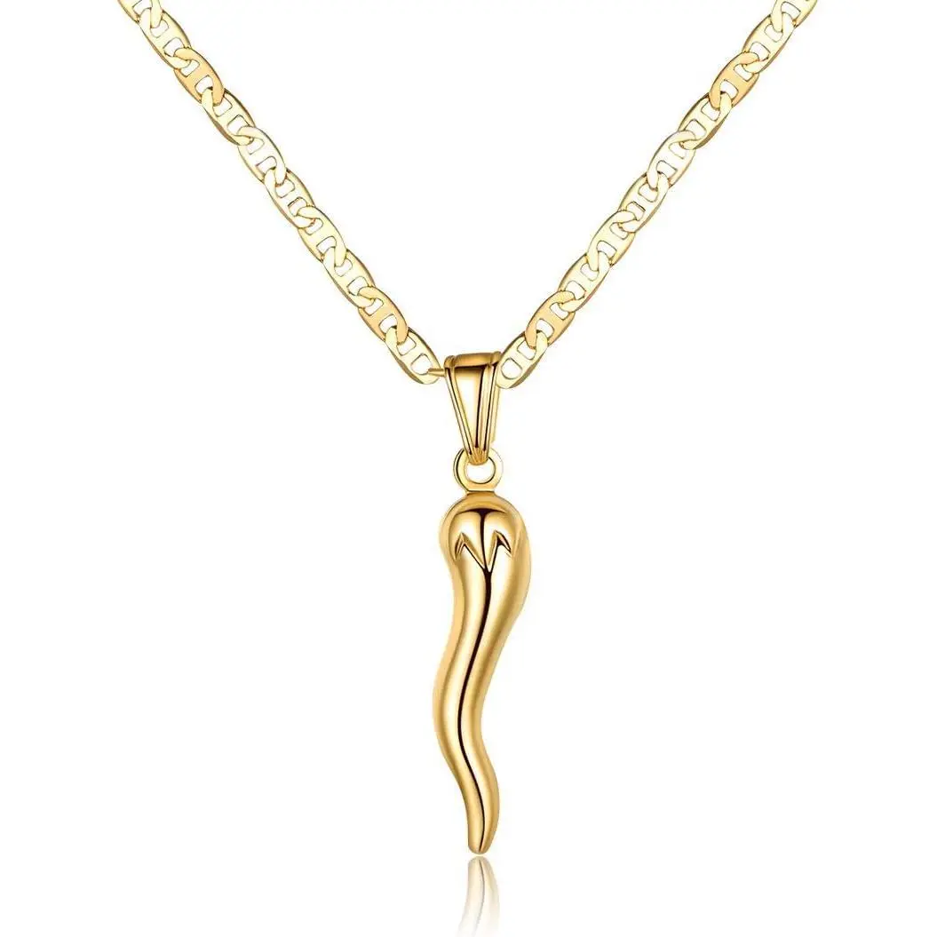 Italian Horn Necklace with Flat Marina Chain, Waterproof 18-Karat Gold Plated Accessories for Men and Women, Flat Chain Necklaces