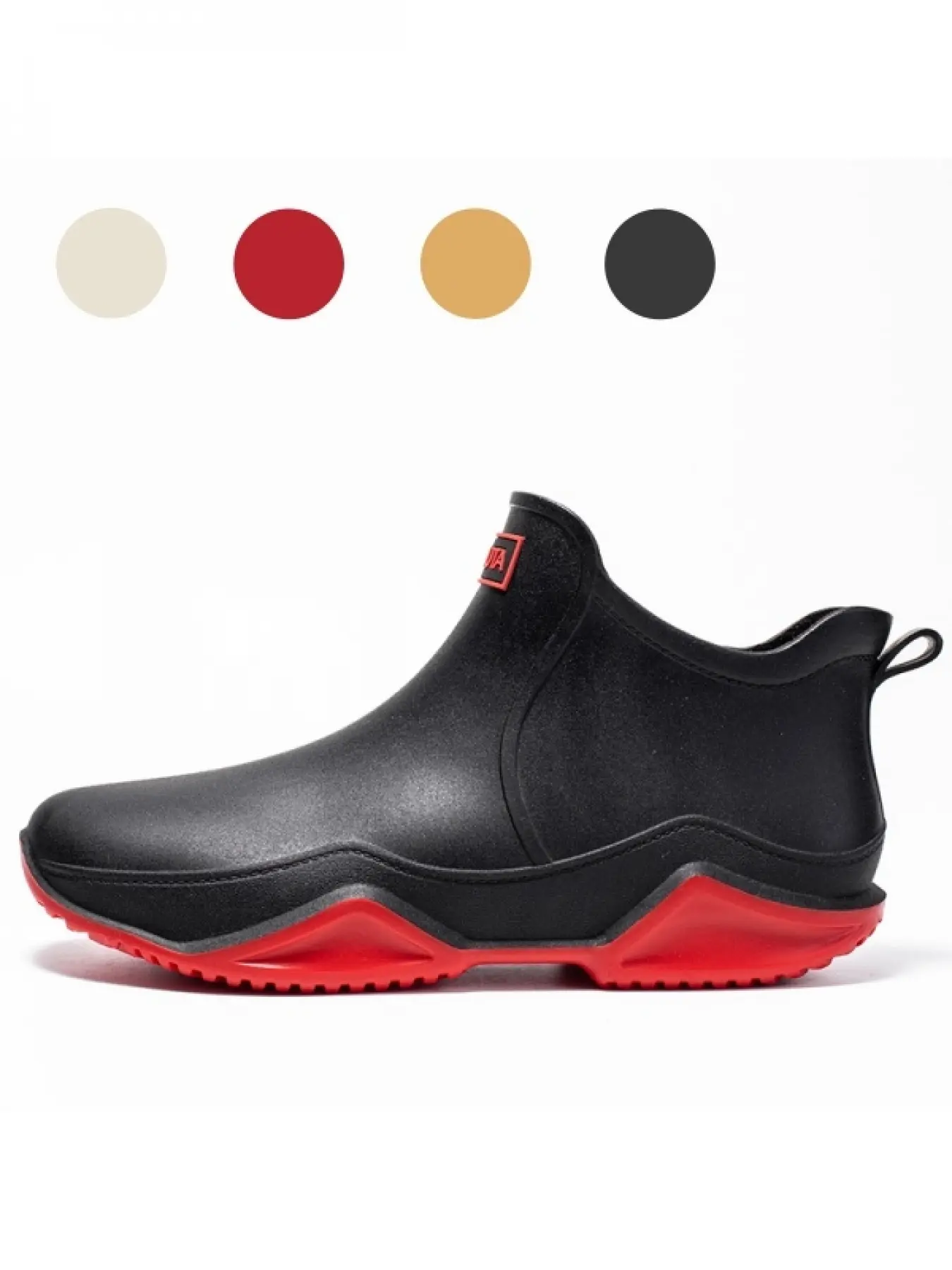 Wave Deep Lug Anti-Slip Red Sole Women Short Rain Boots, Side Mini Red Tag Matte Waterproof Rubber Shoes For Beach Tide Picking Lake Camping Strolls