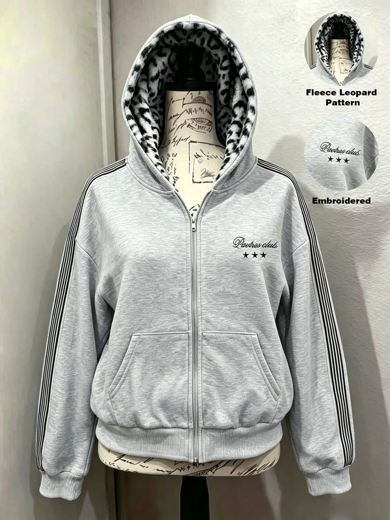 Women's Y2K Full-Zip Hooded Jacket Streetwear with leopard-lined hood and side stripe details, perfect for weekend shopping, street style and daily autumn wear.