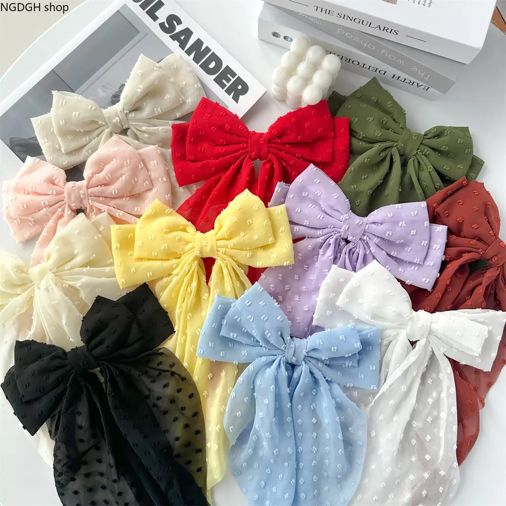 Large Swiss Dot Bow Hair Clip Long Tassel Fabric Bow Barrette Elegant Textured Chiffon Hair Accessory Soft Light‑Weight Hair Clamp for Women Wedding Party Daily Hairstyle