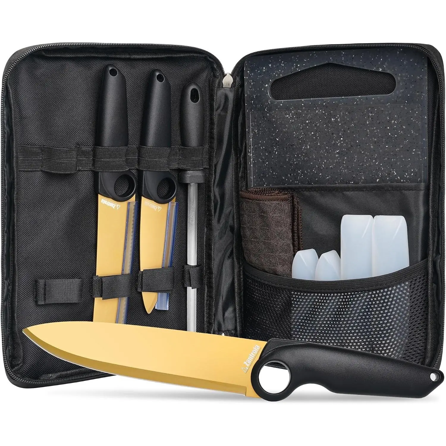 Outdoor Santoku Knife Set – 3 Titanium-Coated Knives with Grip Ring Handles, Sharpener, Cutting Board, Seasoning Bottles & Travel Case – Portable BBQ, RV & Beach Cooking Kit