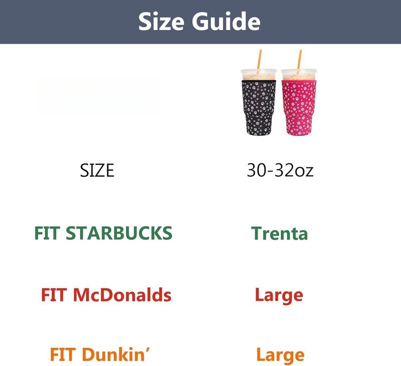 2 Pack  Iced Coffee Sleeves - Insulator Sleeve for Large Size Cold Beverages, Neoprene Cup Holder for , Dunkin Coffee, More (Paw print, Large 32oz)