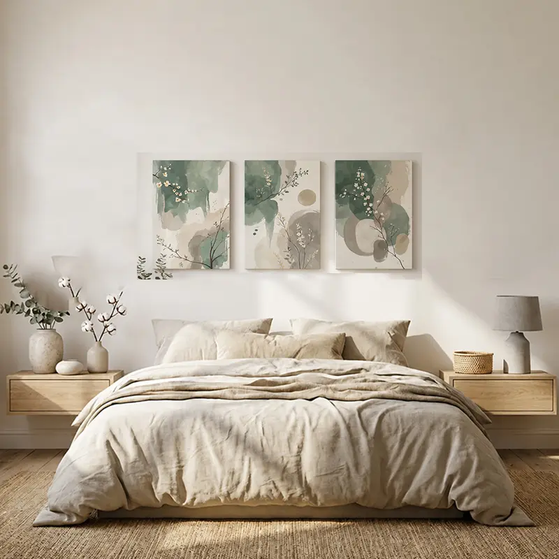 2D Flat, 3-Piece Set of Japanese Nordic Zen-Inspired Plant Wall Art Framed Canvas Paintings - Sage Green and Beige, Suitable for Home Decoration, Minimalist Modern Scandinavian Abstract Watercolor Poster, Panel Painting Suitable for Living Room Decoration