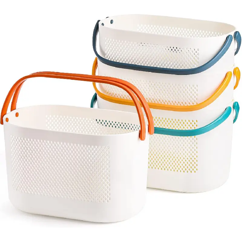 4 Pack Portable Plastic Shower Caddy Baskets with Convenient Carrying Handles, Drainable Hollow Design Toiletry Storage Organizer Bins, Multi-Purpose Shower Tote for Dorm College Gym Camping, Space Saving Storage Basket for Bathroom Kitchen Closet Bedroom