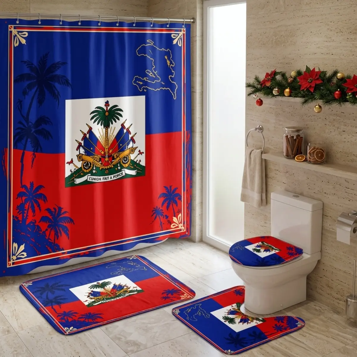 4pcs Haiti Flag Shower Curtain Set, Haitian Independence Day Tropical Palm Leaf Bathroom Decor, Red Blue Island National Pride Bath Mat, TikTok Shop Trendy Bathroom Accessories