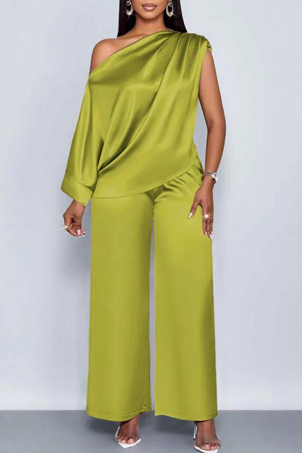 Summer Casual Women's Satin Suit with Asymmetrical Collar, Short-Sleeved Top and Long Pants Set