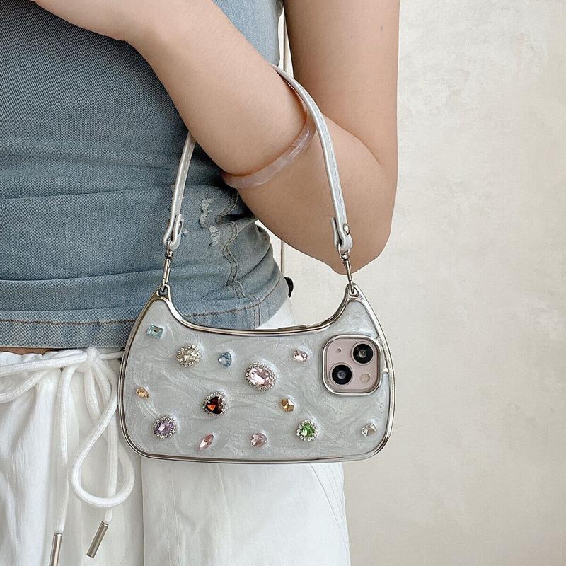 [Free !ship] ( Hand Lanyard ) Glitter Bling Diamond & Heart Sparkle Case for iPhone 17 Pro Max 16 15 14 13 Pro Max for Women Girls Crystal Wristband Bracelet Shockproof Cute Pretty Love Luxurious 3D Rhinestone Decorate Silicone Soft Shell Back Cover