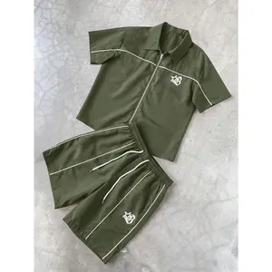 Men's 2 Piece Star Print Outfit Short Sleeve Zip Up Collared Shirt and Drawstring Shorts Set Casual Sportswear Tracksuit