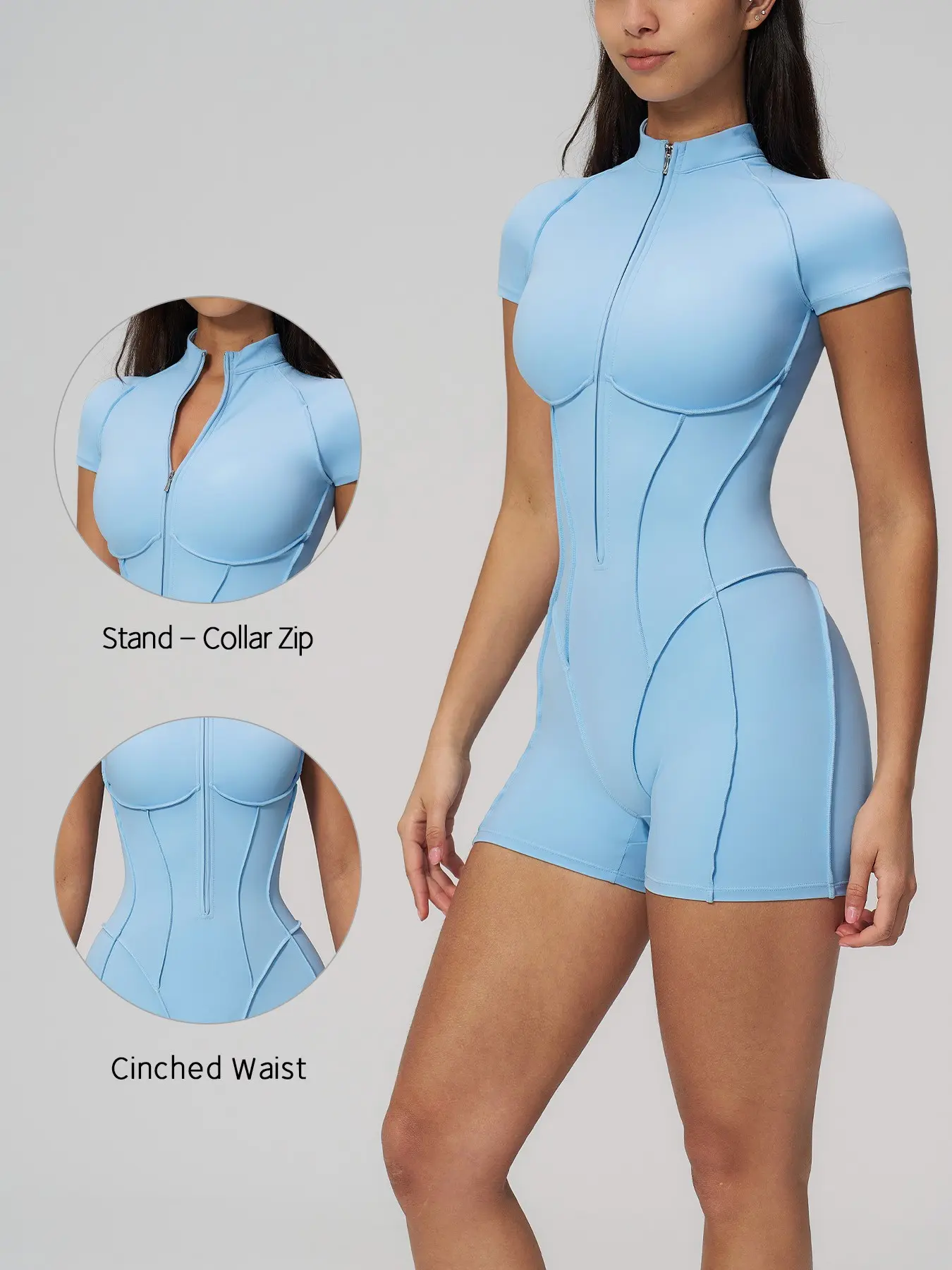 Women's Sportswear Overall, Half-Zip Stand Collar Short Sleeve Yoga Pants, High Elasticity, Breathable, Quick-Dry, Shapewear Design, Half Zip Jumpsuits, Quick Drying Jumpsuit, Sporty Jumpsuit