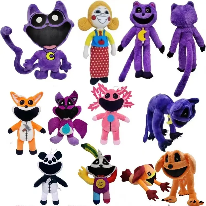 12Pcs Smiling Critters Plush Toy Set, Cute Cartoon Monster Stuffed Doll, Purple Cat Orange Dog Fox Character Soft Plush Figure, Horror Game Collectible Home Decor Gift for Fans