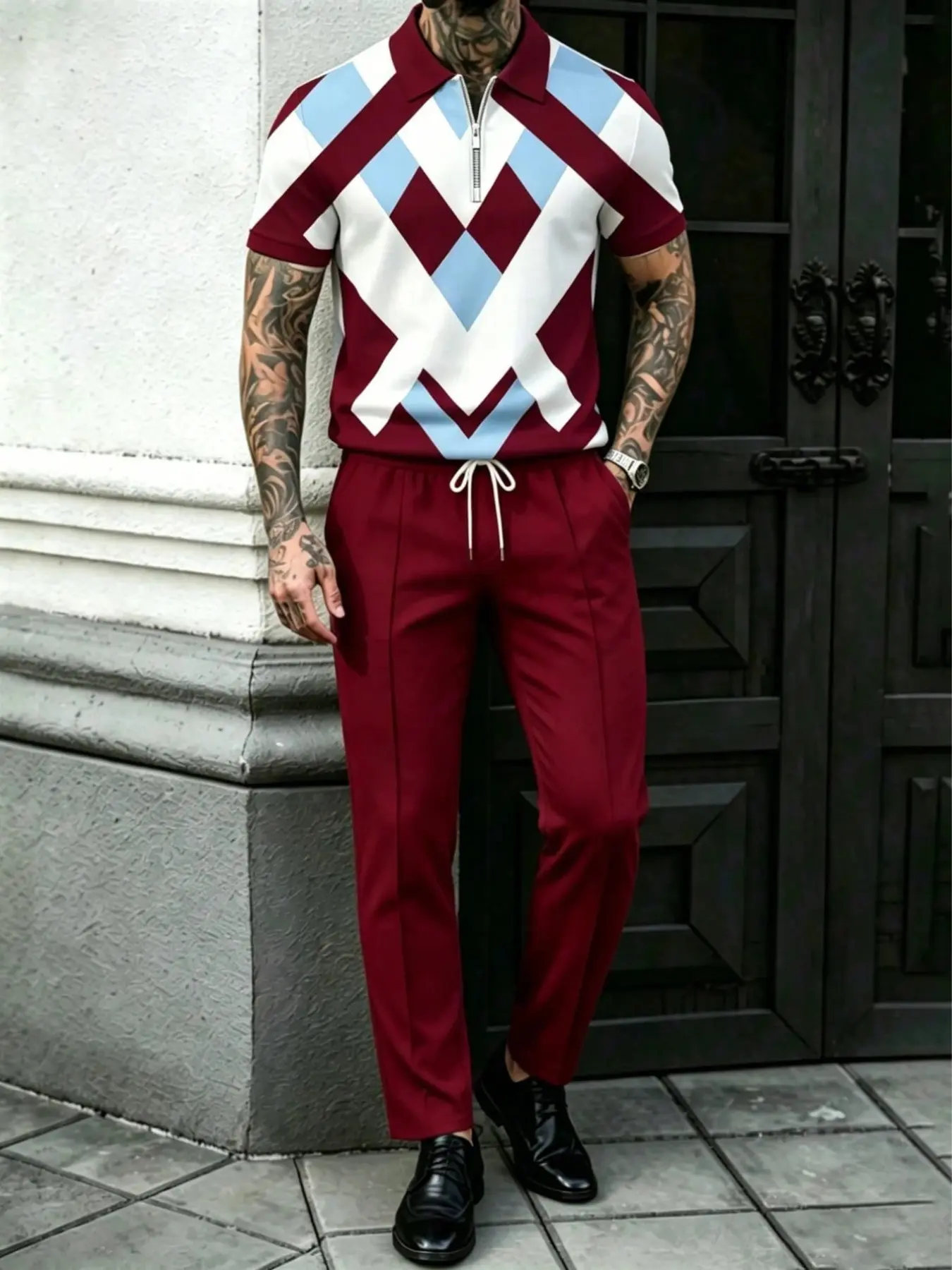 Men's Colorblock Houndstooth Print Set, Casual Fashion Two-Piece, Trendy Men's Clothing Combination, Stylish and Unique