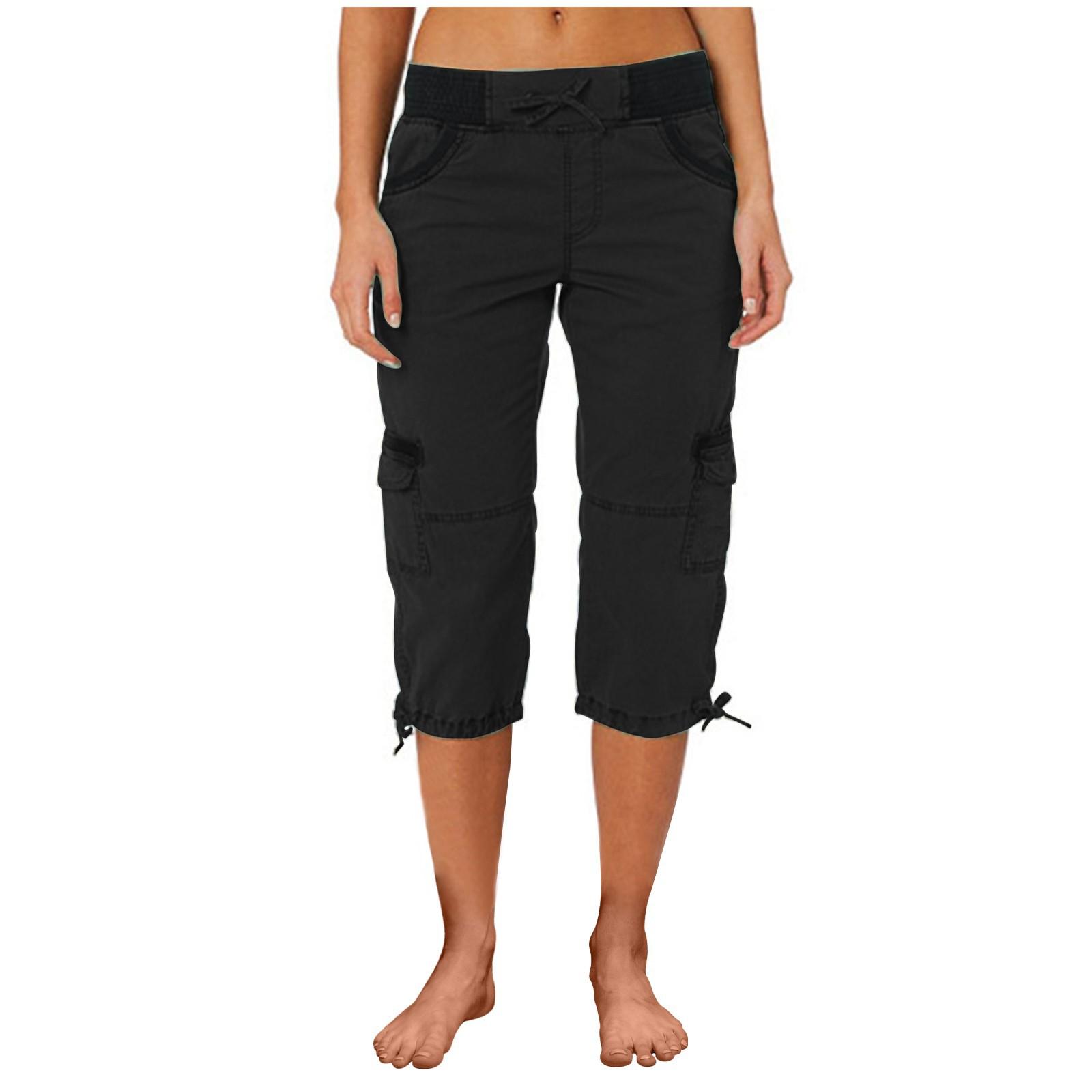 Women Cargo Capris Soild Casual Pants With Pocket Drawstring Outdoor Hiking Pants Women'S Slacks Thin Streetwear Tops Chic White Womenswear Bottom Comfort Basic