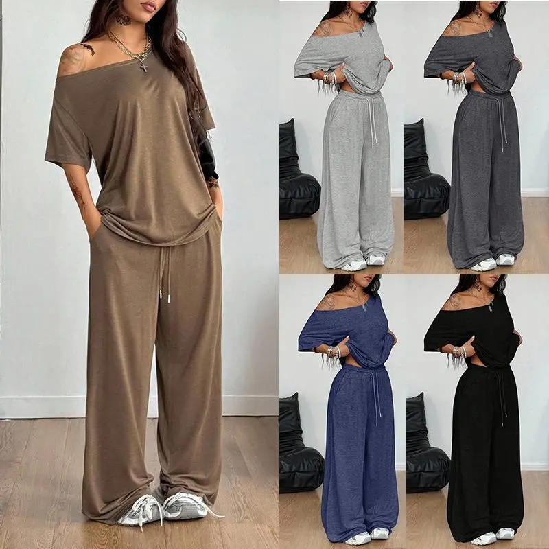 Womens 2 Piece Lounge Sets Off Shoulder Oversized Tshirts & Wide Leg Pants Outfits