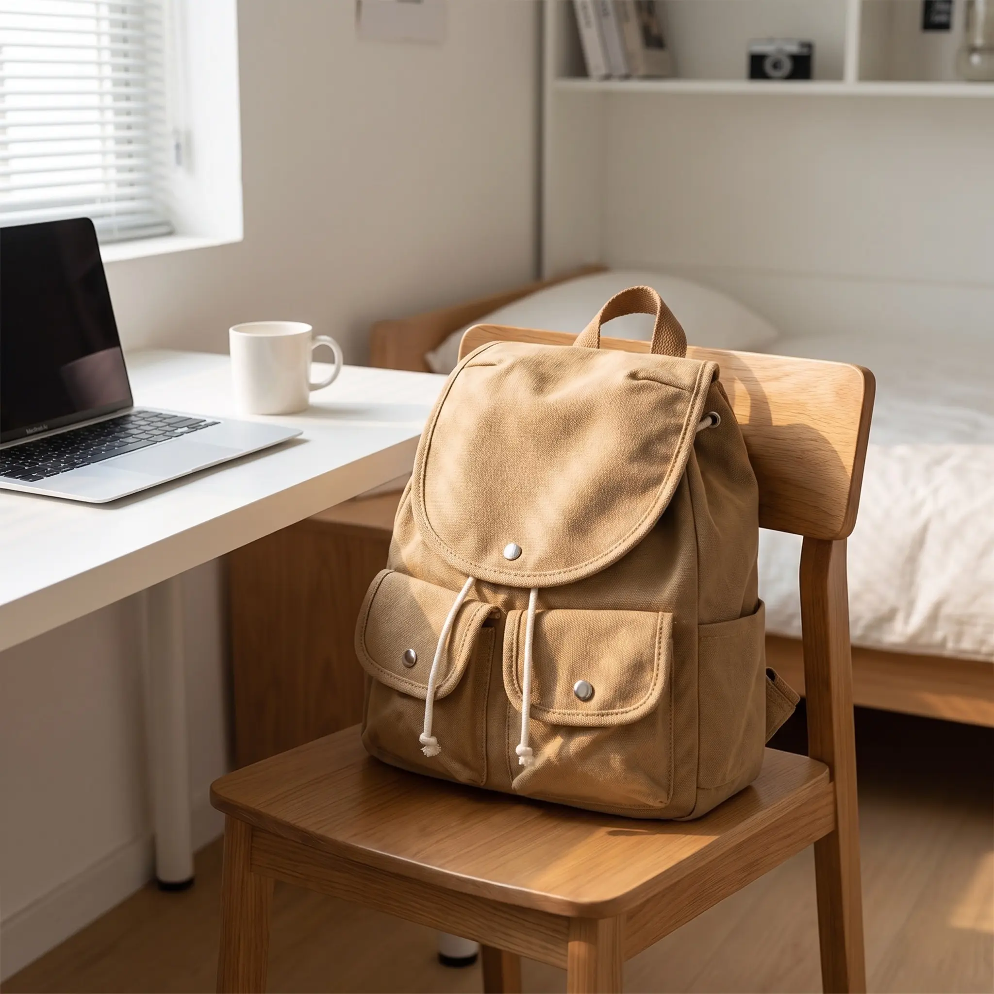 Minimalist Canvas Backpack for Students, Casual Drawstring Daypack with Large Capacity and 1 Zippered Hidden Pocket for Daily Campus Carry, Library Sessions, Quick Access, Resists Abrasion, Secures Valuables