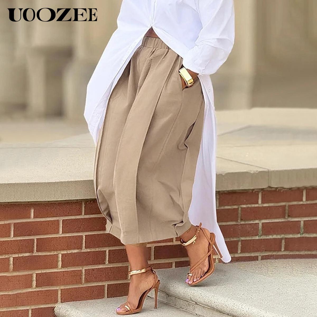 UOOZEE Women's Khaki Loose Multicolor Cropped&Long Trousers 100% Cotton Soft Summer&Autumn/Winter Comfortable Breathable Fabric Elastic Waistband Lantern Pants with Pockets Casual Style Bottoms Outfit Minimalist Spring Basic teacher outfits