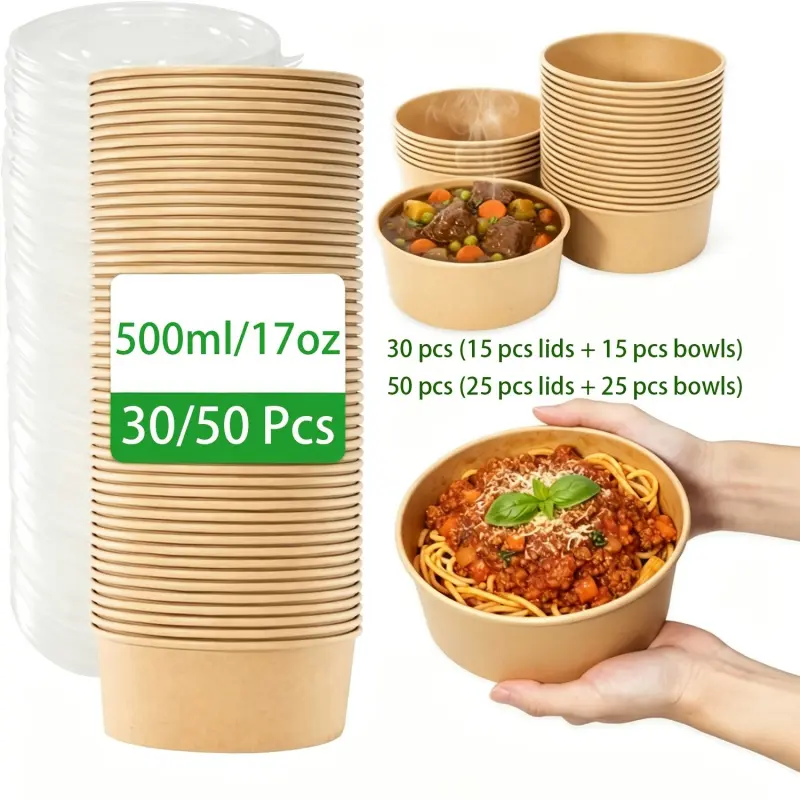 16.91 ounces/bag, 30/50 pieces/bag (15/25 lids and 15/25 bowls). Large paper bowl with cover, food container, disposable soup bowl package, lunch box, salad, dessert and soup bowl, hot and cold food supplies, soup food package.