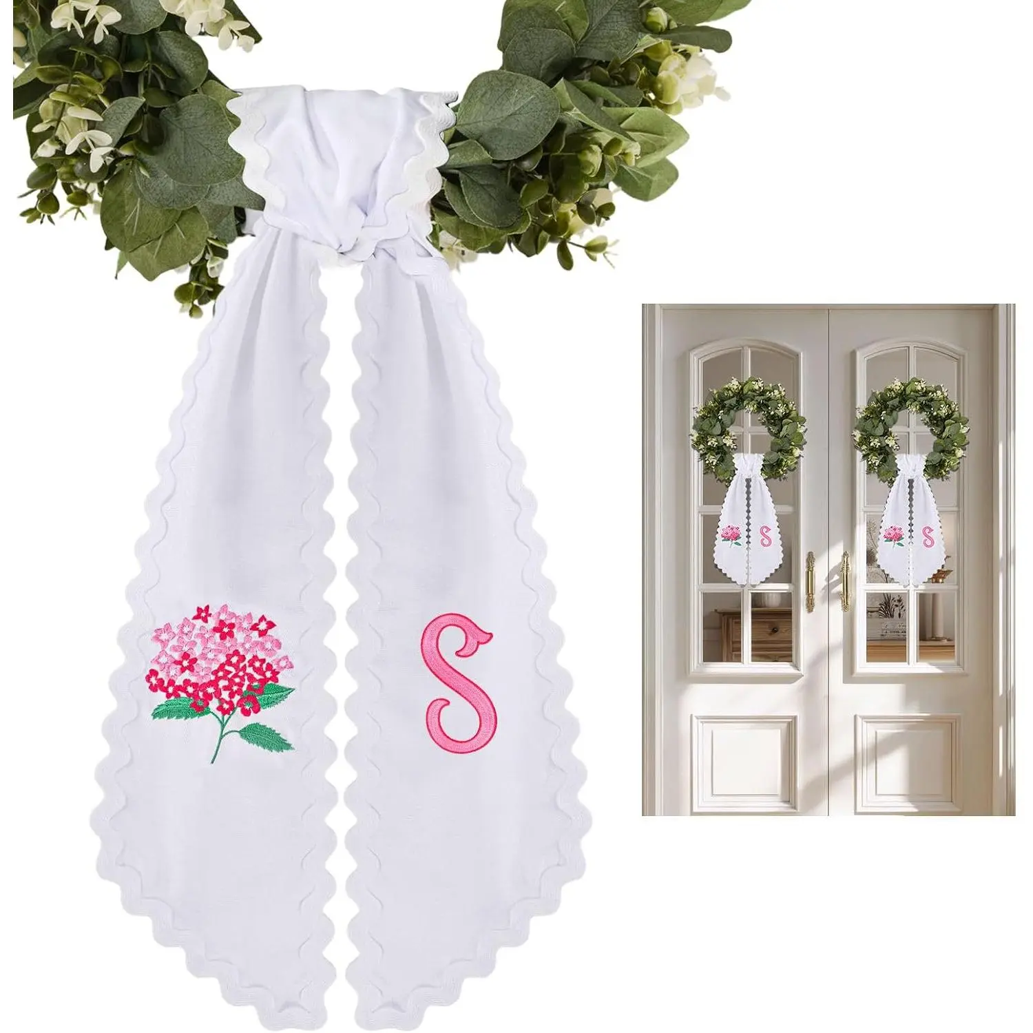 2 Pcs Pink Scalloped Wreath Sash for Front Door Monogrammed Floral Ribbon Sash Embroidery Wreath Sash for Home Yard Outdoor Indoor Doorway Decor (S)