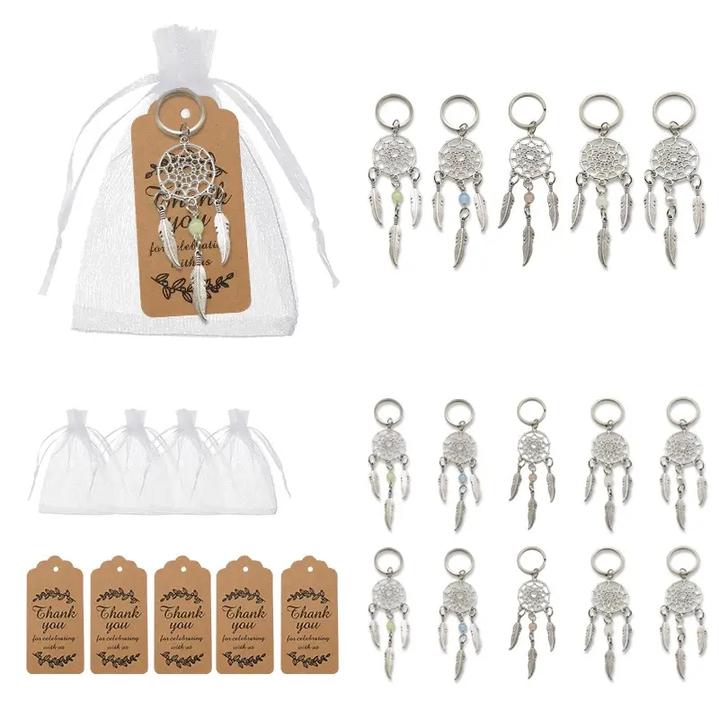 Tree of Life & Dreamcatcher Keychain Set - Metal Heart & Feather Charms with "Thank You" Tags & Organza Bags | Mother's Day, Teacher's Day, Thanksgiving Gifts | Bag/Key Ring Decor
