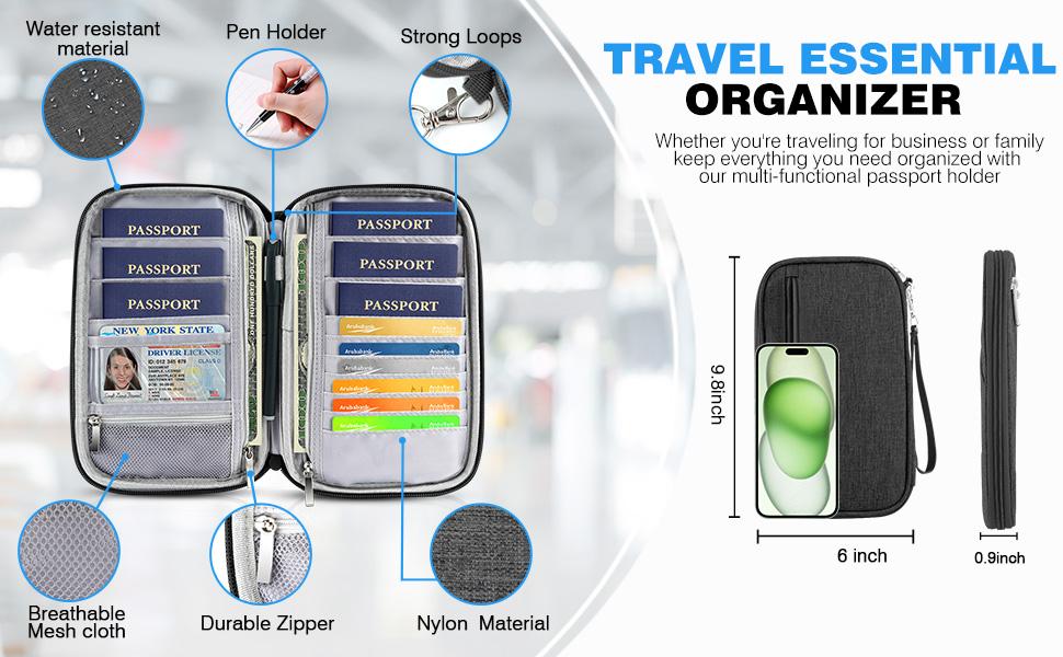 Passport Holder Family RFID Travel Document Organizer for Women Waterproof Passport Wallet Men Portable Case for Cards, Boarding Pass, ID, Money, Tickets with Zipper