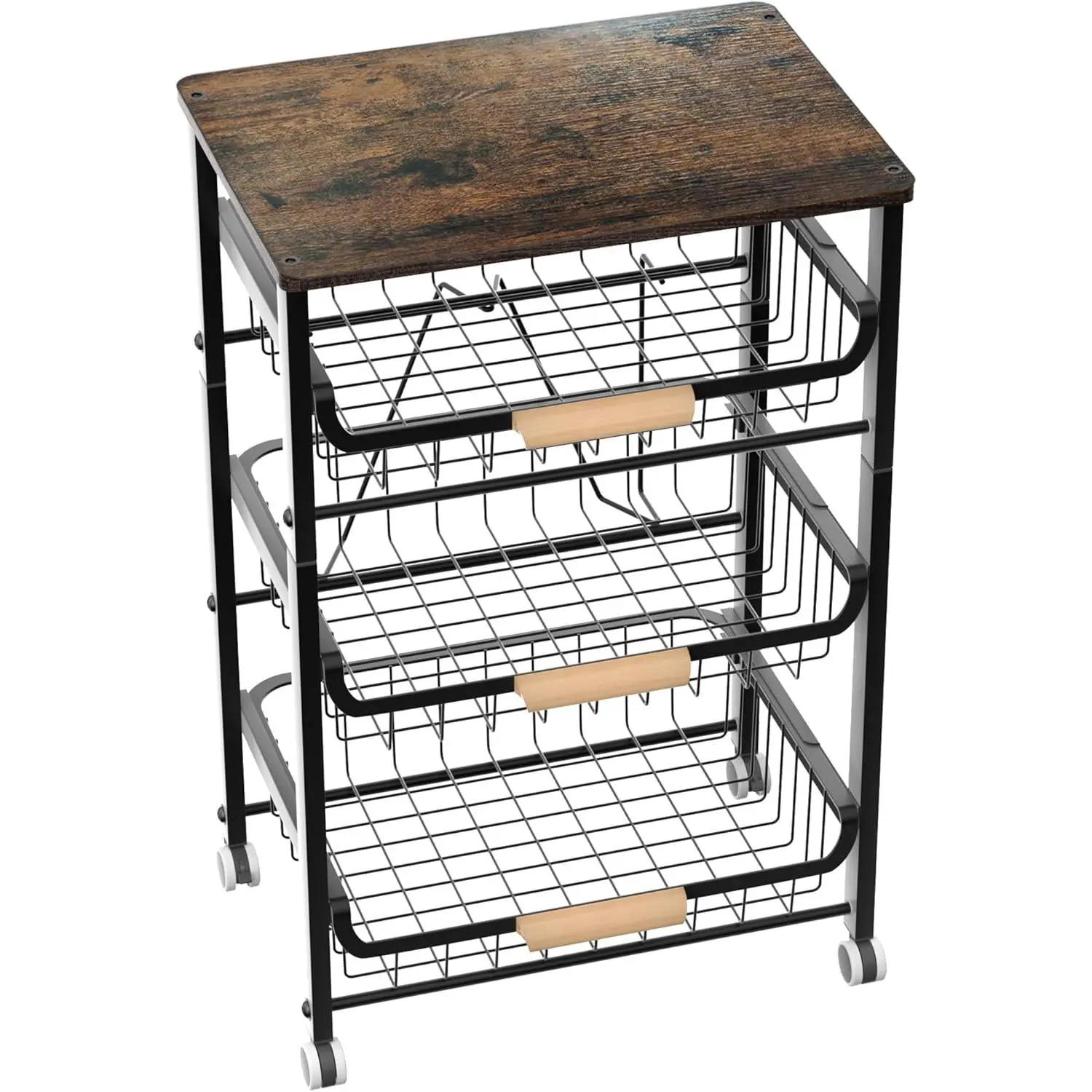 4-Layer Hollow Metal Fruit Basket Kitchen Organizer - Stackable Sliding-Out Storage Cart with Desktop Rack (Black), Black 4-Layer Rack