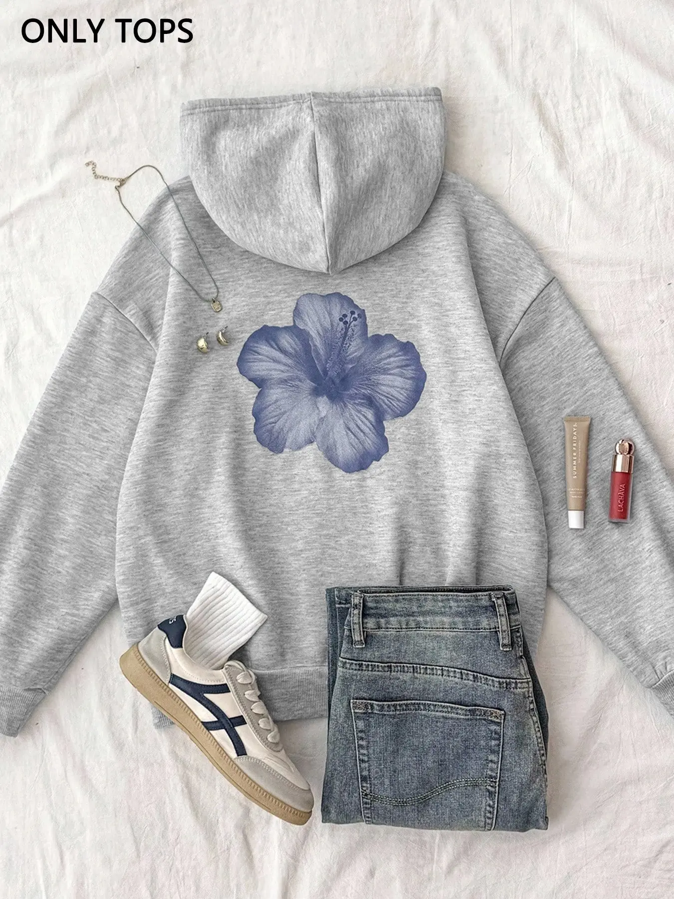 Women Regular Fit Hoodie, Blue Hibiscus Flower Back Print Long Sleeve Pullover Sweatshirt, Minimalist Daily Top, For For School And Outdoor
