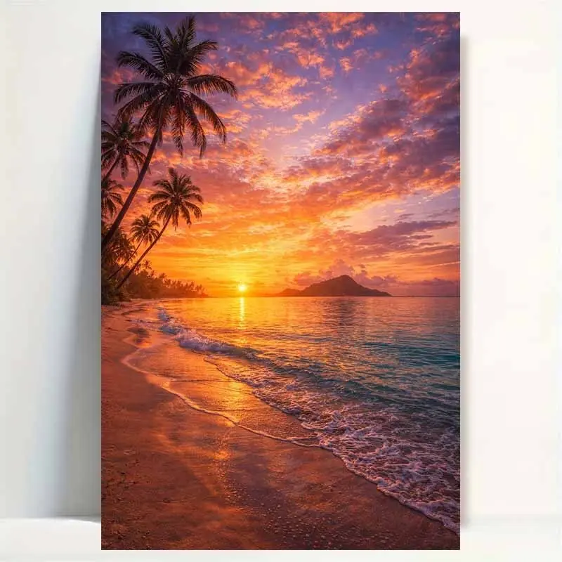 Artistic 2D Flat High-Definition Tropical Beach Sunset Canvas Print - Minimalist Wood-Framed Coconut Tree & Wave Art, Sun Protection Marble Houndstooth Colorful Home Decor for Living Room, Juneteenth Accent, Beach Painting