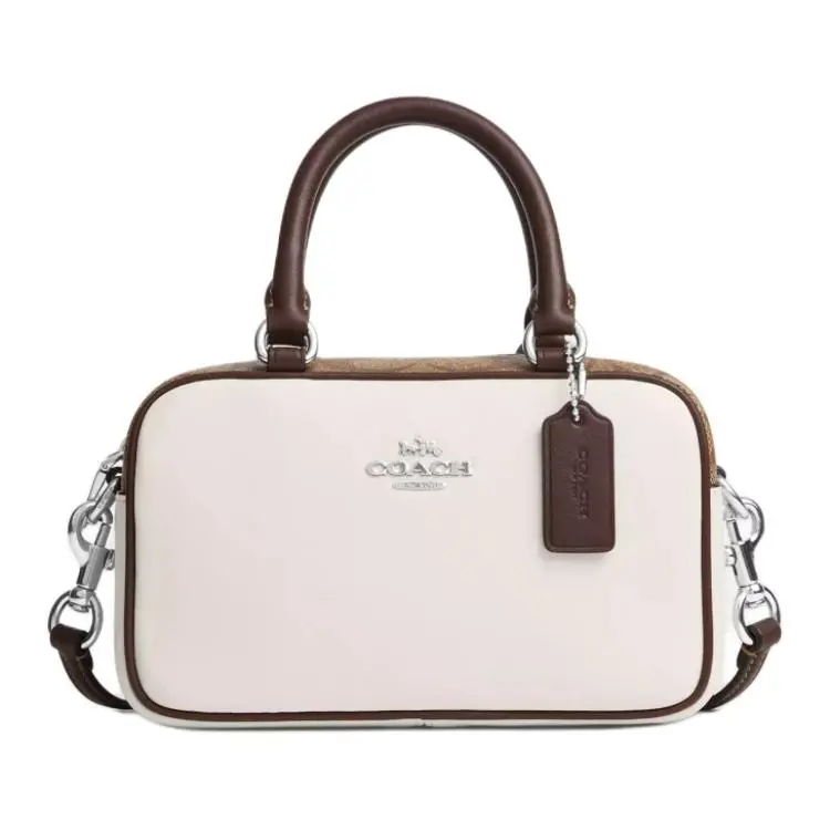 Coach Satchel 18 Handbag for Women – Smooth Leather and Coated Canvas, Zip Closure, Silver and Chalk Multicolor