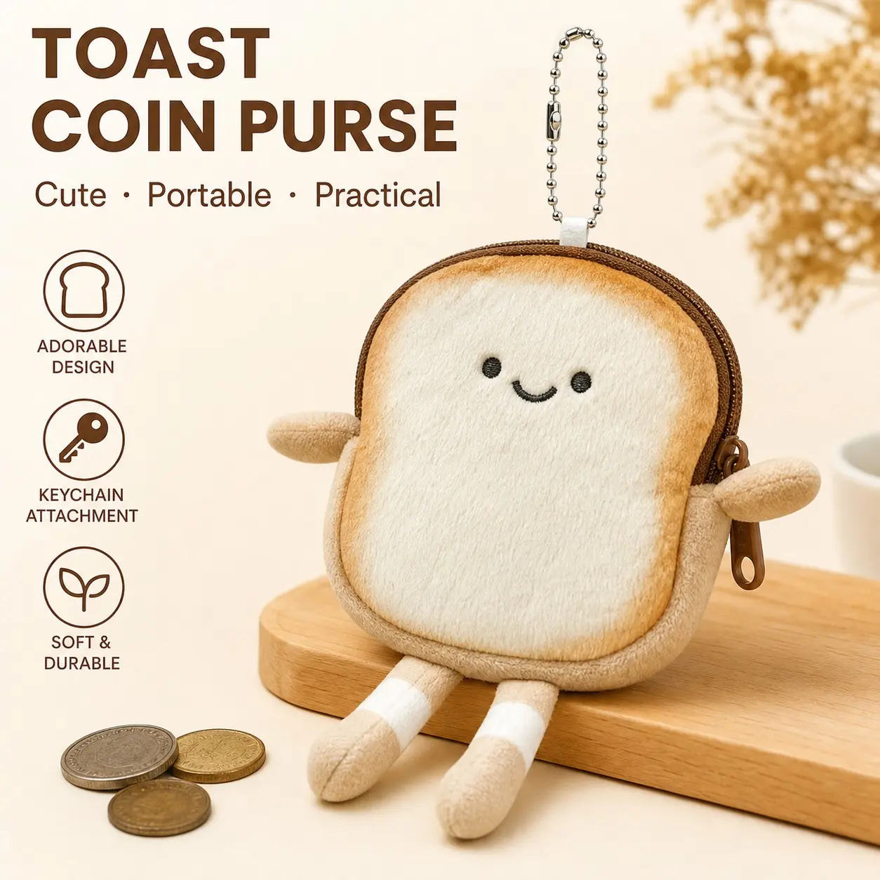 Cute Bread-Shaped Coin Wallet, Portable Keychain, Perfect Gift for Teacher's Day, Valentine's Day, Birthday, Christmas