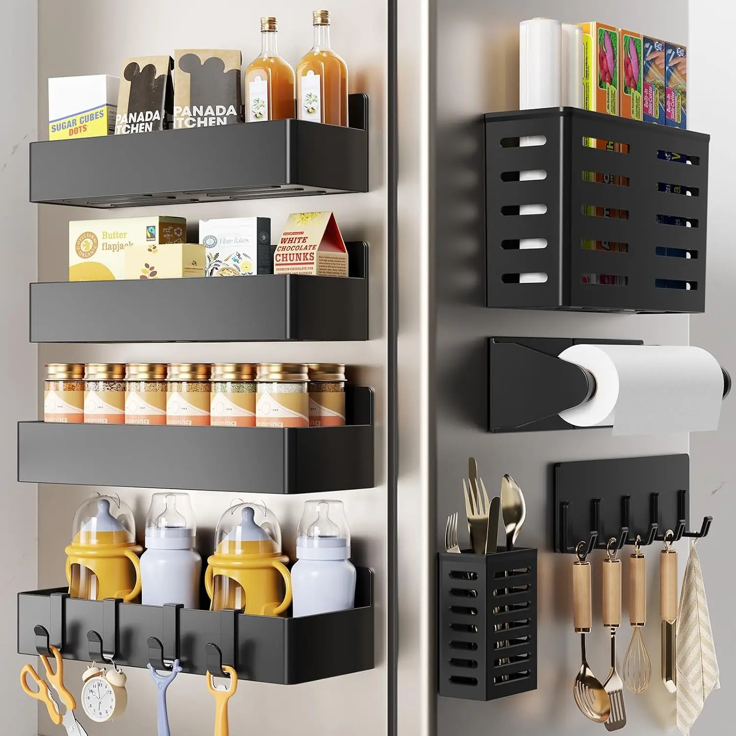 Magnetic Spice Rack for Refrigerator,8 Pack Magnetic Shelf,Fridge Magnet Organizer with Paper Towel Holder,Utensils Racks,Hook Rack,Deepened Basket,Fridge Organizers and Storage Black(8 Pack)