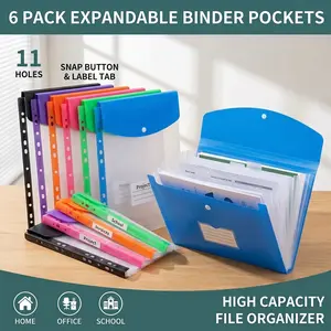 6 Pack Expandable Binder Pockets, 11 Holes Transparent Plastic Envelopes with Snap Button & Label Tab, Fits 2/3/4 Ring Binder, A4 Letter Size High Capacity File Organizer Folders, File Storage Folder for School Home Office