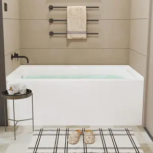 60 x 32 Inch Alcove Soaking Tub, Glossy White Acrylic Bath with Apron Front, Left Hand Drain, Rectangular Recessed Bathtub, Chrome Pop-Up Drain, Deep Soaking Tub for Bathroom Upgrade