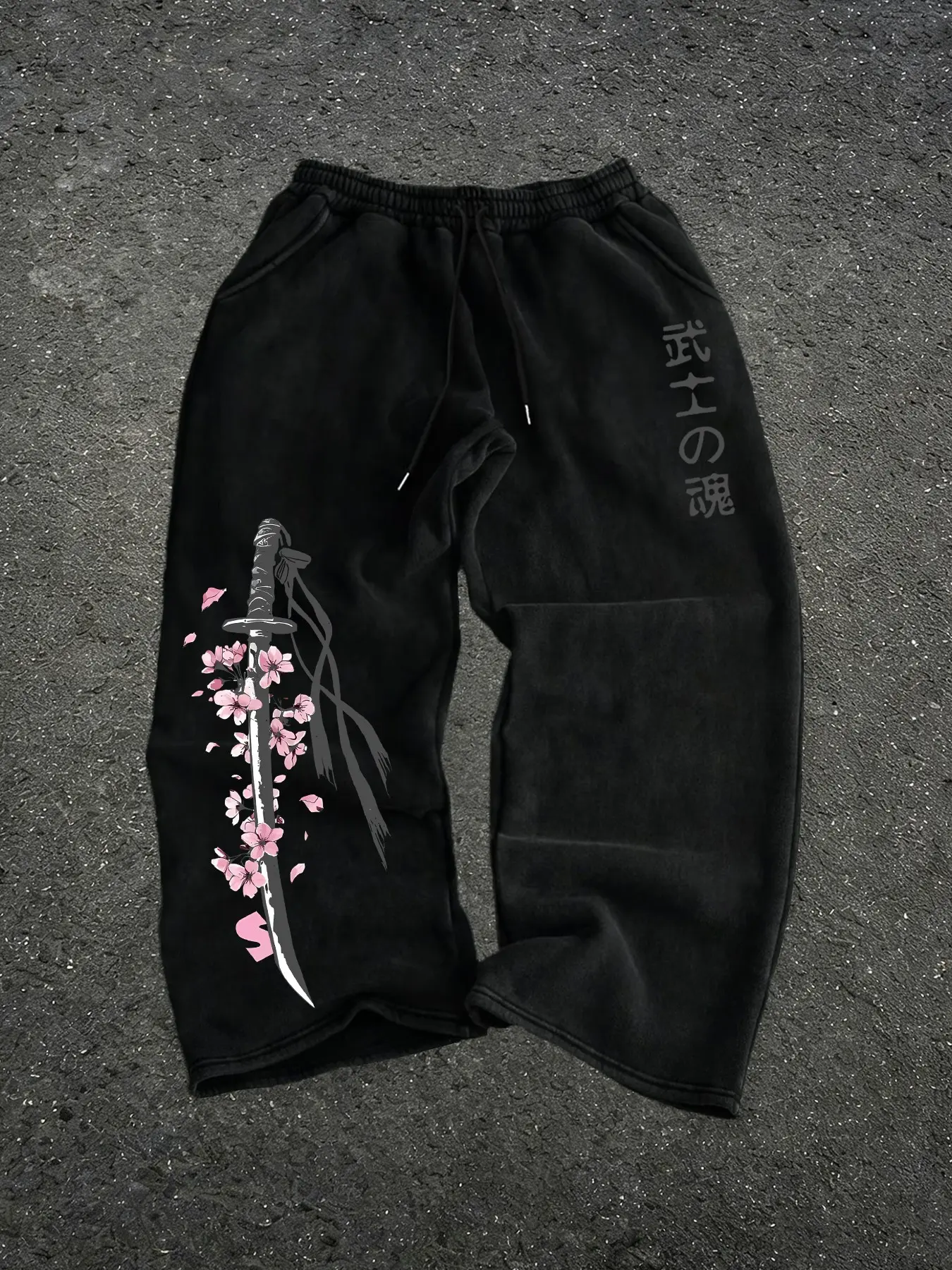 Men's Loose, Oversized Wide Leg Drawstring Sweatpants, Japanese Samurai Cherry Blossom & Kanji 'Samurai Soul' Graphic Print Joggers, Harajuku Bushido Streetwear Elastic Waist Trousers, Drawstring Sports Pants, Athleisure Style Bottoms