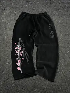 Men's Loose Wide Leg Drawstring Sweatpants, Japanese Samurai Katana Cherry Blossom & Kanji "Samurai Soul" Print Casual Joggers, Harajuku Bushido Streetwear Elastic Waist Trousers #SamuraiStreetwear #SakuraPrintPants #JapaneseKanjiTrousers #WideLegSweatpan