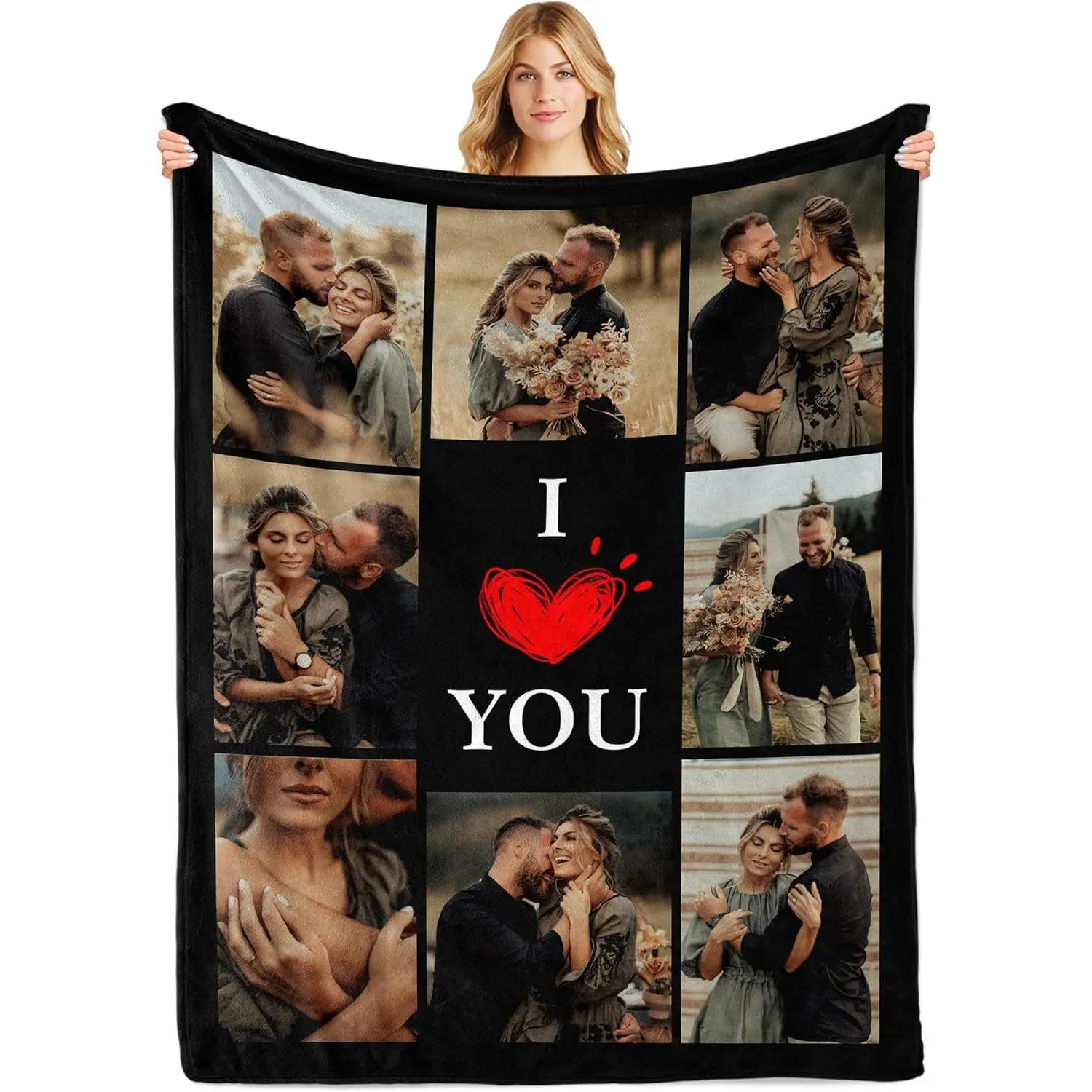 Custom Photo Flannel Throw Blanket, Black 3-Row Collage Blanket with 8 Photo Slots & Central "I LOVE YOU" Heart Strip, Soft Cozy Warm Blanket for Couples, Anniversary & Romantic Gift