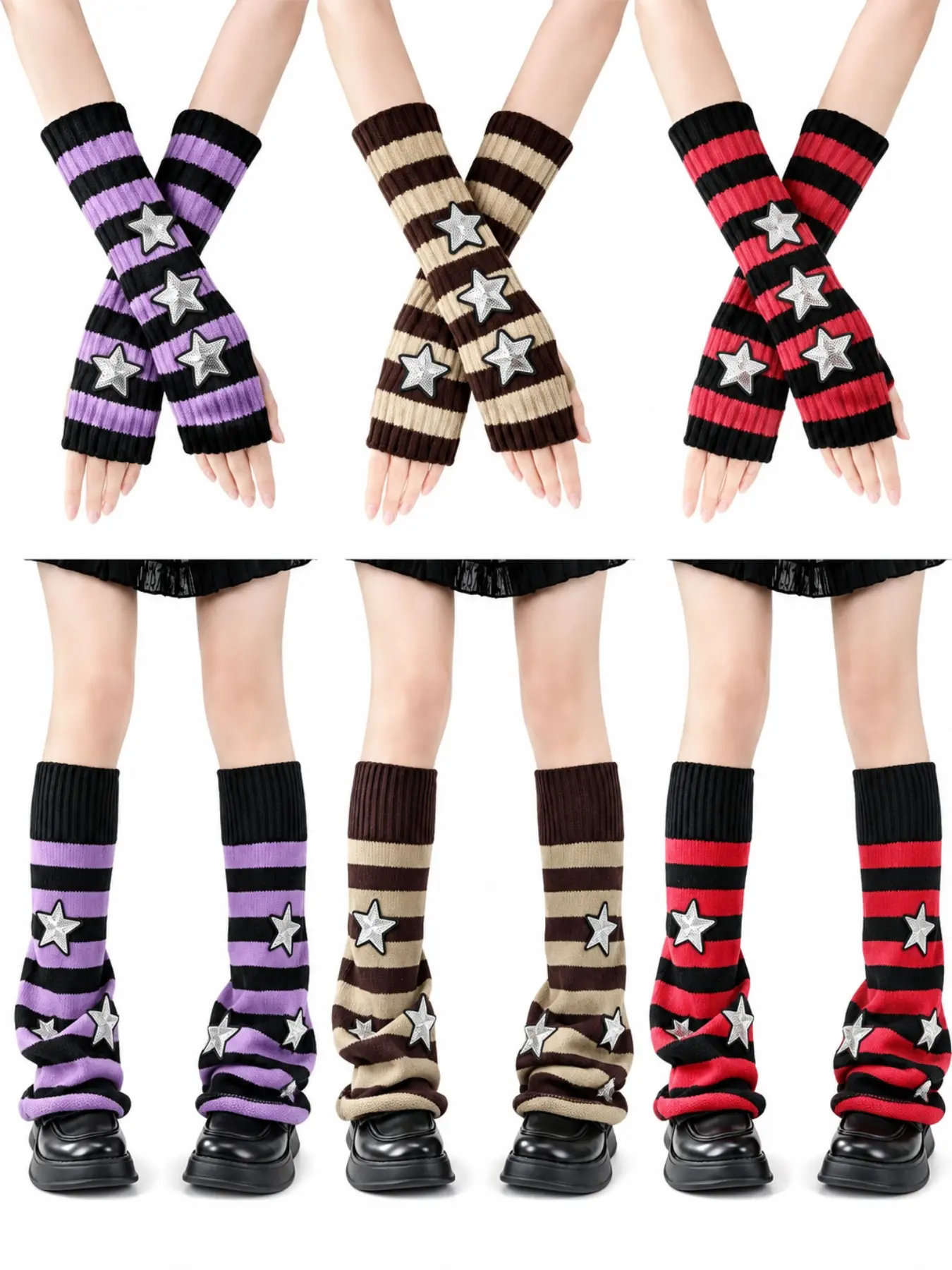 Women’s Y2K Striped Leg Warmers & Arm Warmers Set, 2PCS Black Grey Knit Sleeves, Goth Anime Cosplay Dance Festival Halloween Accessories