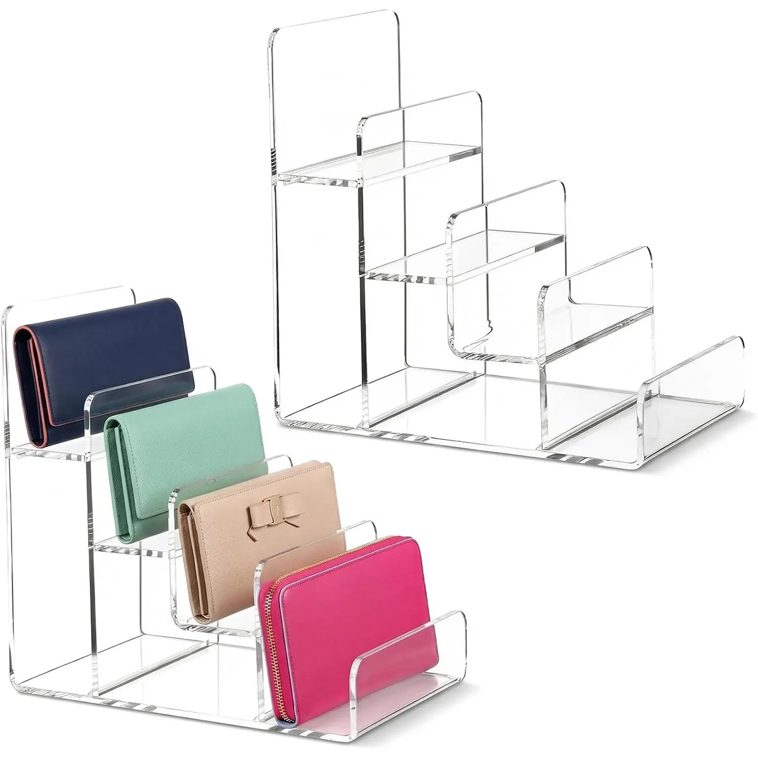 2 Pack  Wallet Display Stand 4-Tier Purse Handbag Organizer, Clear  Riser Display Stand Purse Rack,  Display Shelf for  Perfume Handbag  Sunglasses