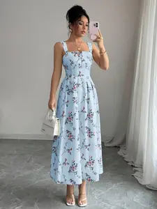 New Summer Autumn Casual French Style Chic Floral Pattern Thin Strap Long Dress, Elegant Women's Fashion Skirt, Perfect for Daily Wear