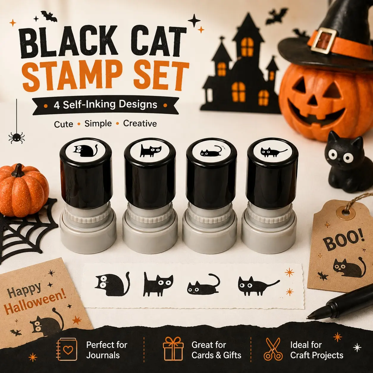 4PCS Halloween Self Inking Black Cat Stamps Set, Round Cat Pattern Stamp Kit with Black Ink, Portable Creative Craft Stamps for Cards, Treat Bags, Scrapbooking, Journals, School, Dormitory, Home and Office