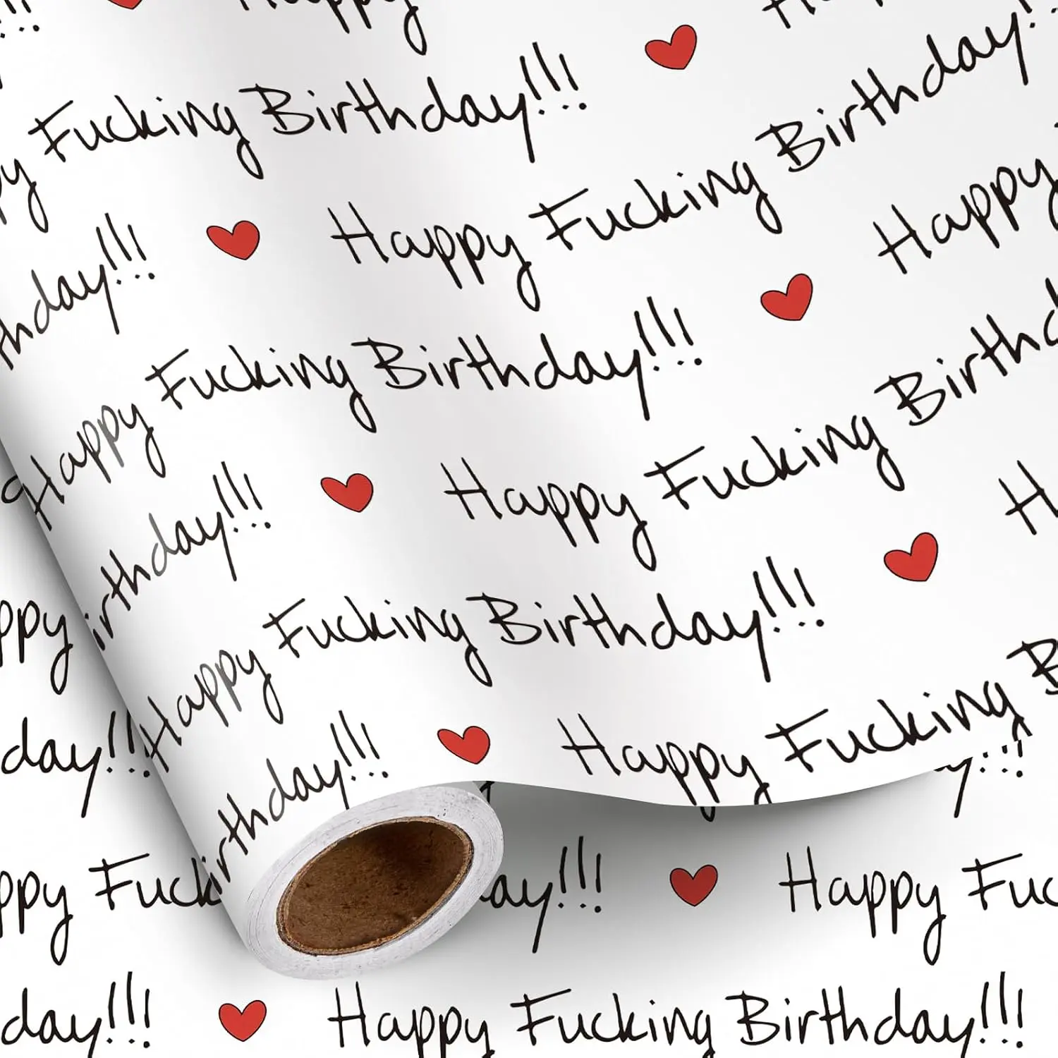 Funny Birthday Wrapping Paper Roll for , Mini Roll, Black Happy Birthday Text with Red Hearts  Wrap Paper for Milestone Birthdays, 17 Inches x 16.4