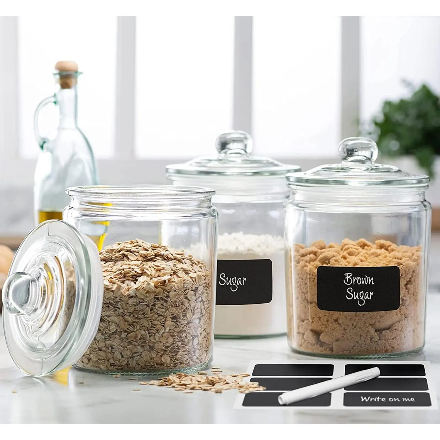 Le'raze 3 count Canister Sets for Kitchen Counter + Labels & Marker - Glass Cookie Jars with Airtight  -  Storage Containers with  Airtight for Pantry - Flour, Sugar, Coffee, Christmas .