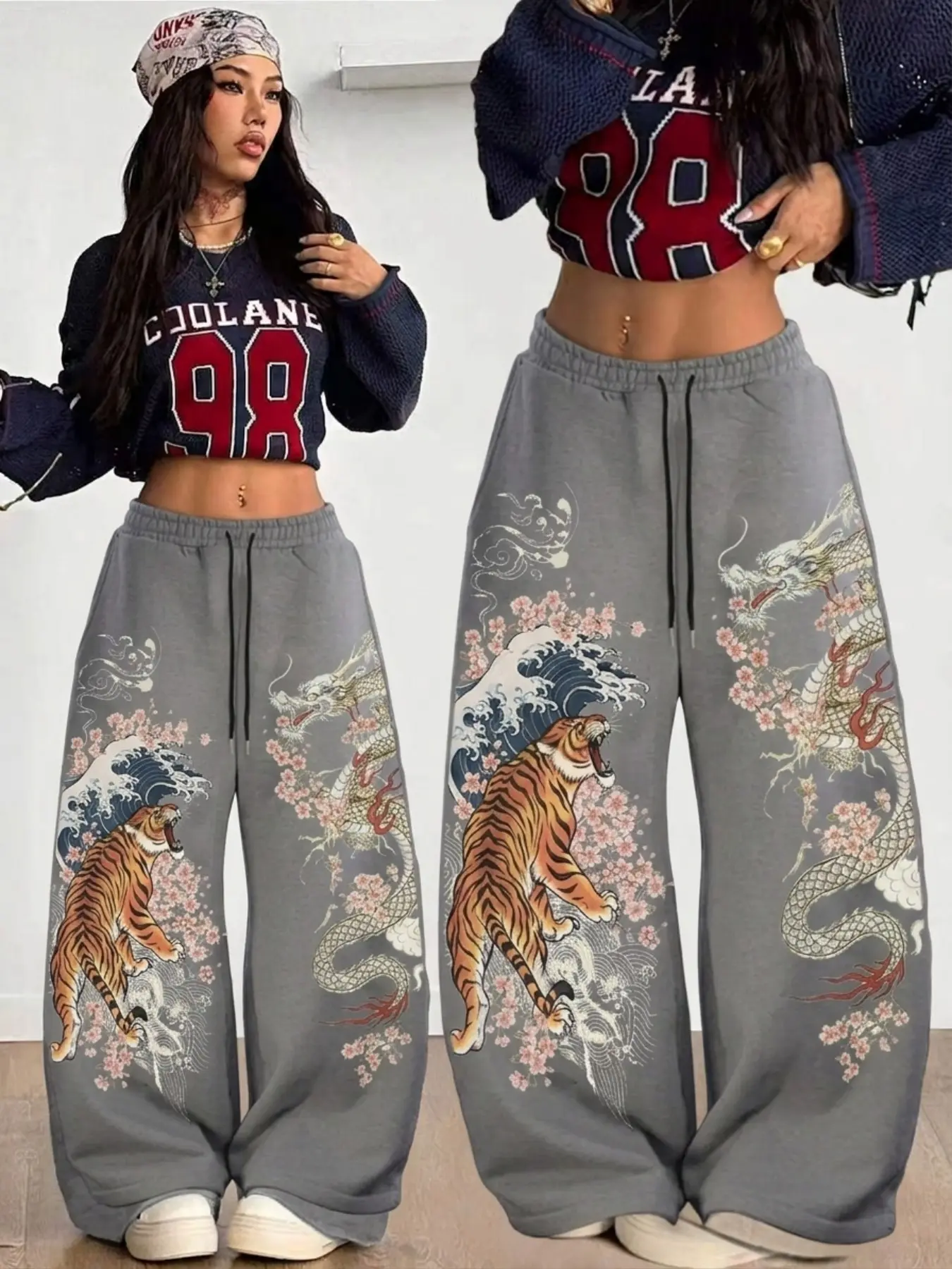 Japanese Ukiyo-E Dragon Tiger Cherry Blossom Wide Leg Sweatpants, Streetwear Cool, American Hip-Hop Style, All Seasons, Loose Fabric