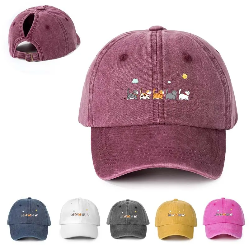 Women's Vintage Washed Baseball Cap with Cartoon Cat Embroidery, Breathable Cotton with High Ponytail Opening for Messy Buns, Lightweight, One Size
