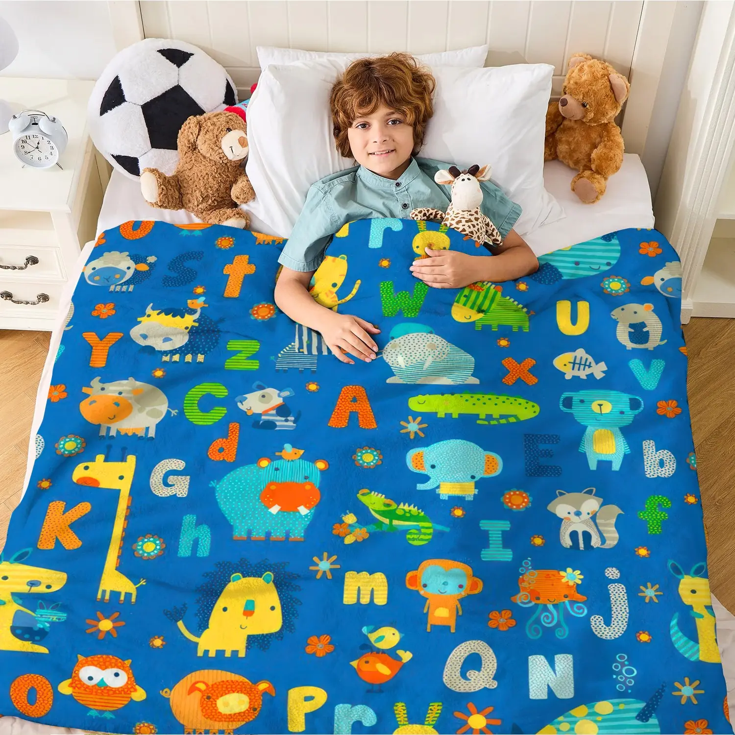 Print Cartoon Zoo Animal Alphabet Blue Throw Blanket, Plush Nursery Sofa Throw & Premium Educational Gift Blanket for Bright Playroom Apartment Decor, Reading Nook, ABC Learning Themed Party, Gift for Newborn