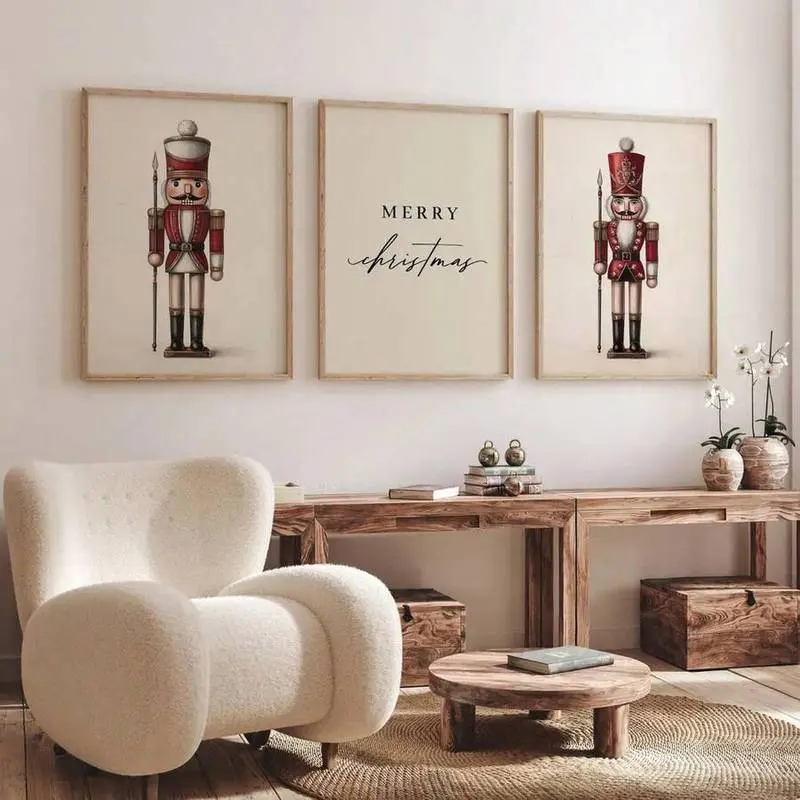 3pcs Set Unframed Vintage Nutcracker Christmas Holiday Canvas Poster Cozy Winter Xmas Festival Rustic Wall Art Print Minimalist Scandinavian Farmhouse Decor Painting For Living Room,Bedroom,Modern Home Decoration