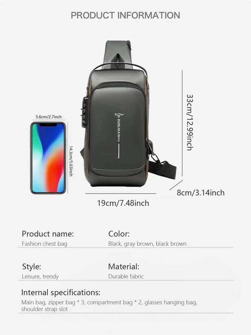 Letter Pattern Zipper Pu Sling Bag with Password Lock for Summer 2024, Waterproof Travel Business Chest Bag, Male Simple All-match Crossbody Bag As Gift, Designer Inspired Bags, 80s Luxury Aesthetic Crossbody Bags Valentine's Day, Gift for Him,  Work Bag