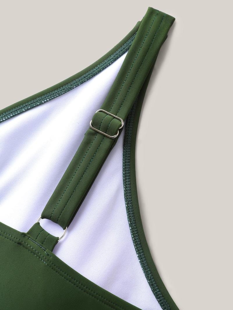 BLOOMCHIC ArmyGreen Colorful Webbed Surplice Pockets Swim Romper Swimsuit Women Summer Beach Vacation High Stretch Tunic Removable Cups Tankini Top