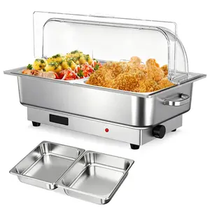9QT Electric Chafing Dish Buffet Server Set - 400W/600W Digital Temp Control - 3 x 3QT or 2 x 4.5QT Stainless Steel Warmers, Roll-Top & Transparent Lid - NSF Certified Dishwasher Safe Ideal for Catering Parties Weddings